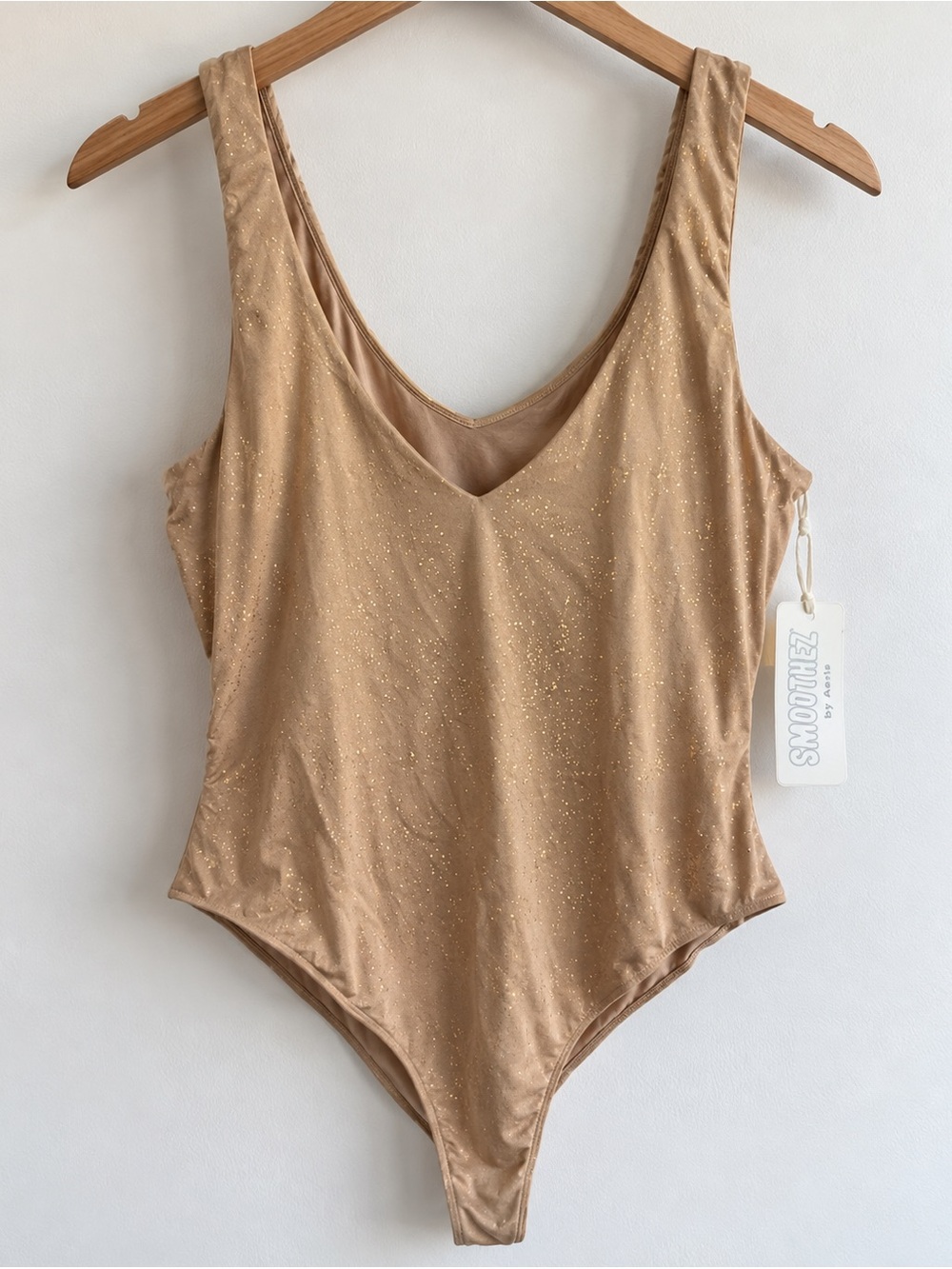 Aerie SMOOTHEZ Sparkle Glitter Bodysuit Nude Tan Size L NWT